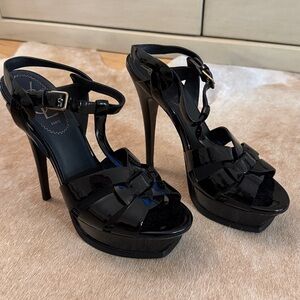 YSL Black Patent Tribute Platform Sandal